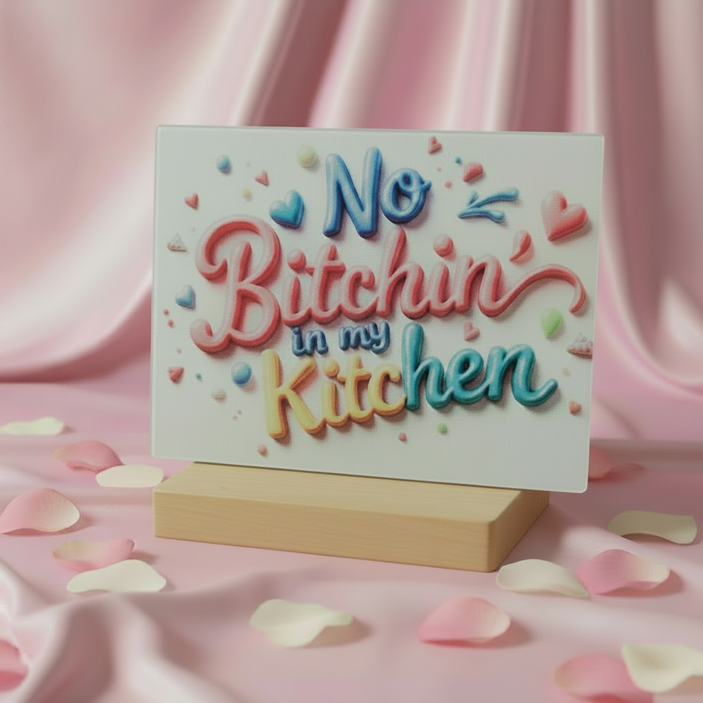 No B*tchin Glass Cutting Board on pink silk background with rose petals