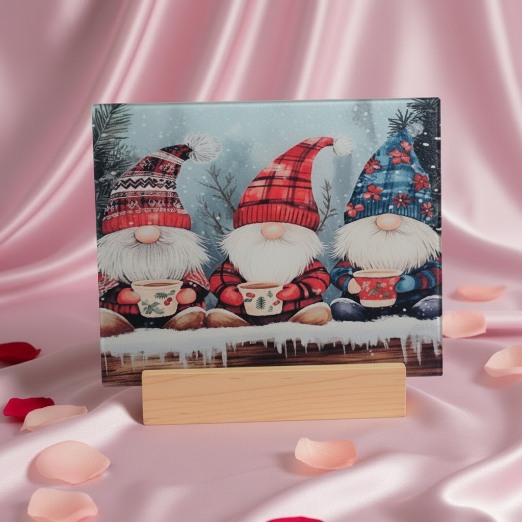 Holiday Gnomes Glass Cutting Board on pink silk background with rose petals