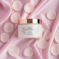 Oatmeal, Milk & Honey 8oz Foaming Sugar Scrub on pink silk background with rose petals