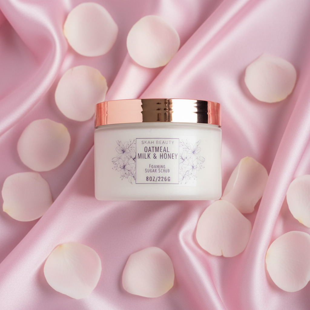 Oatmeal, Milk & Honey 8oz Foaming Sugar Scrub on pink silk background with rose petals