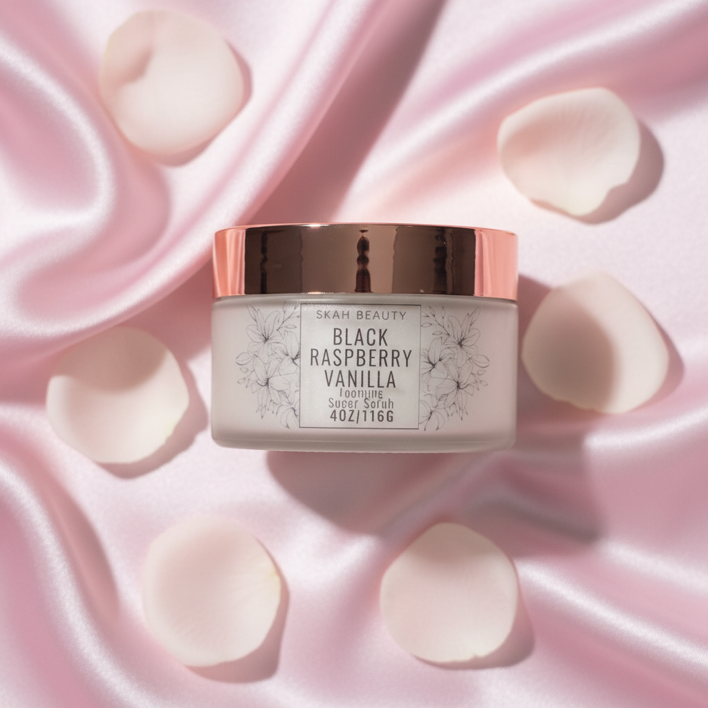 Black Raspberry Vanilla 4oz Foaming Sugar Scrub on pink silk background with rose petals